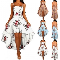 Sexy Backless High Waist High-low Hem Printed Sling Dress