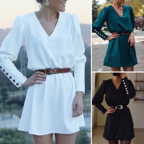 Fashion Solid Color Long Sleeve V-neck Buttons Dress