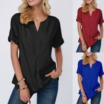 Fashion Solid Color Short Sleeve V-neck Blouse