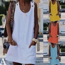 Fashion Sleeveless Round Neck Front-pocket Tank Dress