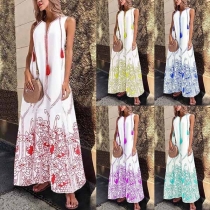 Bohemian Style Sleeveless V-neck Printed Maxi Dress
