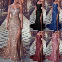 Sexy One-shoulder Slit Hem Shinning Party Dress