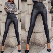 Fashion Solid Color High Waist Slim Fit PU Leather Pants 