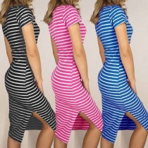Fashion Short Sleeve Round Neck Slit Hem Slim Fit Striped Dress