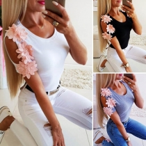 Sexy Off-shoulder Short Sleeve Pink 3D Flower Spliced T-shirt