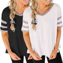 Fashion Striped Spliced Short Sleeve V-neck Loose T-shirt 