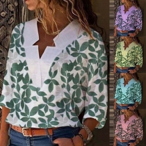 Fashion Long Sleeve V-neck Printed Blouse