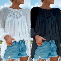 Fashion Long Sleeve Round Neck Lace Spliced Loose Top