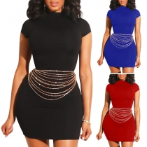 Elegant Solid Color Short Sleeve Round Neck Tight Dress
