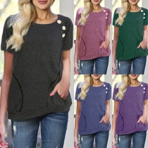 Fashion Solid Color Short Sleeve Round Neck Buttons T-shirt