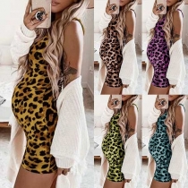 Fashion Sleeveless Round Neck Slim Fit Leopard Print Maternity Dress
