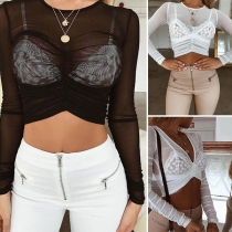 Sexy Long Sleeve Round Neck See-through Gauze Crop Top 