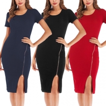 Elegant Solid Color Short Sleeve Zipper Slit Hem Slim Fit Dress