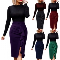 Elegant Solid Color High Waist Slit Hem Ruffle Skirt 