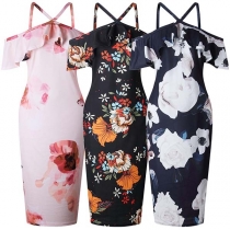 Sexy Off-shoulder Ruffle Slim Fit Printed Sling Dress