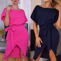Fashion Solid Color Short Sleeve Slit Hem Dress