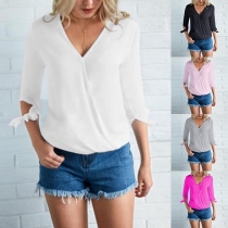 Fashion Solid Color Half Sleeve V-neck Blose