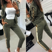 Fashion Sequin Spliced Long Sleeve Stand Collar Coat + Pants Two-piece Set