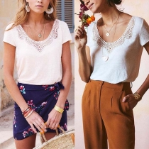 Fashion Solid Color Short Sleeve Round Neck Lace Spliced T-shirt 