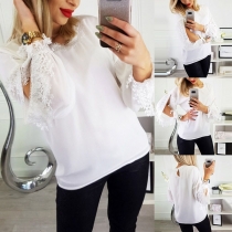 Sexy Lace Spliced Slit Long Sleeve Solid Color Chiffon Top