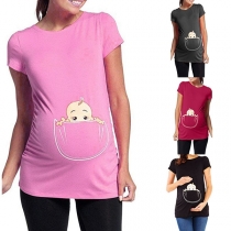 Cute Cartoon Printed Short Sleeve Round Neck Maternity T-shirt