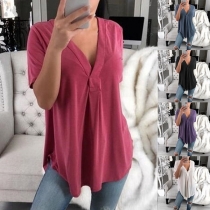 Sexy V-neck Short Sleeve Solid Color Loose Top 