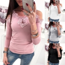Sexy Off-shoulder Long Sleeve Lace Spliced Slim Fit T-shirt