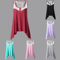 Fashion Sleeveless Round Neck Irregular Hem Lace Spliced Top