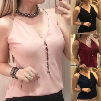 Sexy V-neck Front-button Solid Color Cami Top