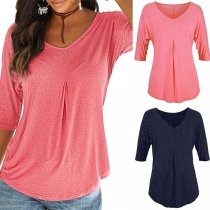 Fashion 3/4 Sleeve V-neck Dots Printed T-shirt   