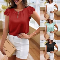Fashion Lace Spliced Short Sleeve Round Neck Solid Color Top 