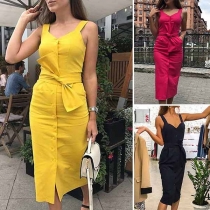 Sexy Backless V-neck Solid Color Slim Fit Sleeveless Dress