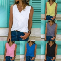 Fashion Solid Color Sleeveless V-neck Wrinkled Tank Top