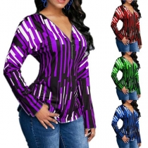 Fashion Long Sleeve Zipper V-neck Printed Blouse 