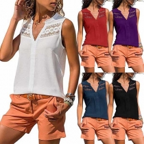 Fashion Sleeveless V-neck Lace Spliced Chiffon Top