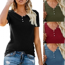 Simple Style Short Sleeve V-neck Solid Color T-shirt 