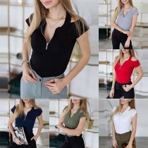 Sexy Off-shoulder Short Sleeve Solid Color Slim Fit T-shirt 