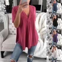 Sexy Deep V-neck Short Sleeve Solid Color Loose Blouse 