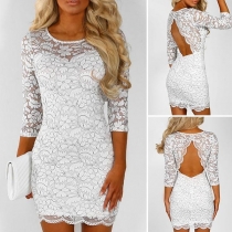 Sexy Backless 3/4 Sleeve Round Neck Slim Fit Lace Dress