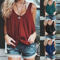 Fashion Solid Color Sleeveless Round Neck Lace Spliced Top 