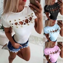 Sexy Hollow Out Lace-up Short Sleeve Solid Color T-shirt 
