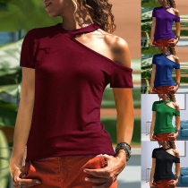 Sexy Off-shoulder Short Sleeve Solid Color T-shirt 