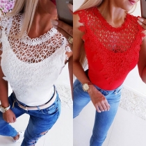 Sexy Hollow Out Lace Spliced Sleeveless Slim Fit T-shirt 