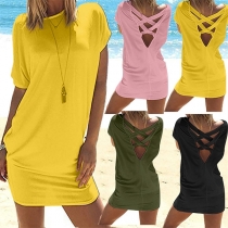 Sexy Solid Color Crossover Backless Short Sleeve T-shirt Dress(It falls short)