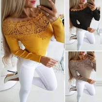 Sexy Lace Spliced Boat Neck Long Sleeve Slim Fit T-shirt 