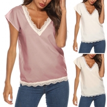 Fashion Short Sleeve V-neck Lace Spliced T-shirt