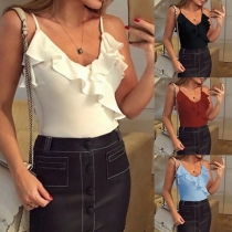 Sexy Ruffle V-neck Solid Color Cami Top 