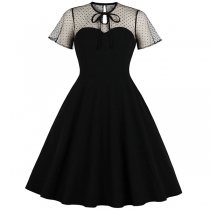 Sexy Gauze Spliced Short Sleeve POLO Collar A-line Dress