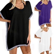 Fashion Lace Spliced Short Sleeve V-neck Loose Top Smock 