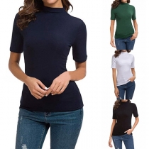 Fashion Solid Color Short Sleeve Mock Neck Slim Fit T-shirt